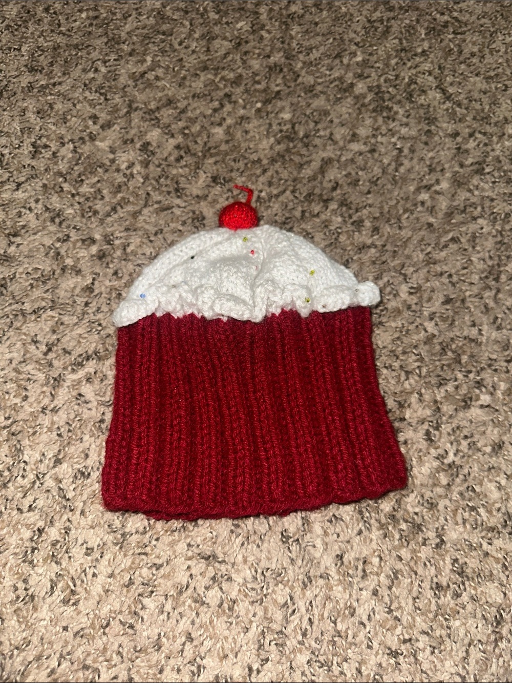 Kids Red Cupcake Beanie Hat with White Frosting, Beaded Sprinkles and Cherry